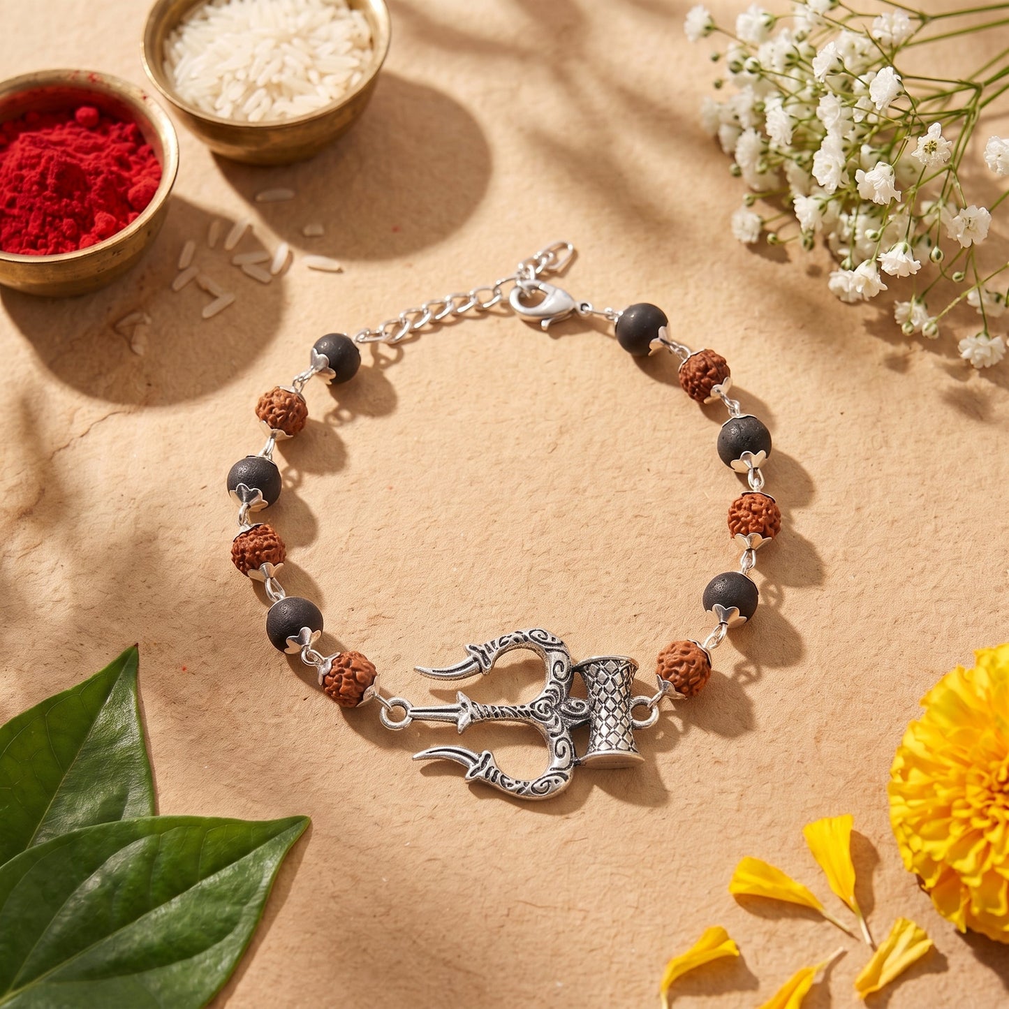 Trishool Karungali Rudraksha Rakhi - Silver Plated
