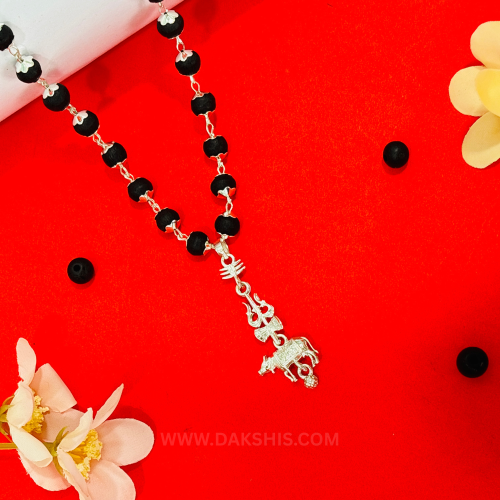 Shiv Trishul Nandi Pendant & Karungali Silver Cap Malai ( Varanasi Locket )
