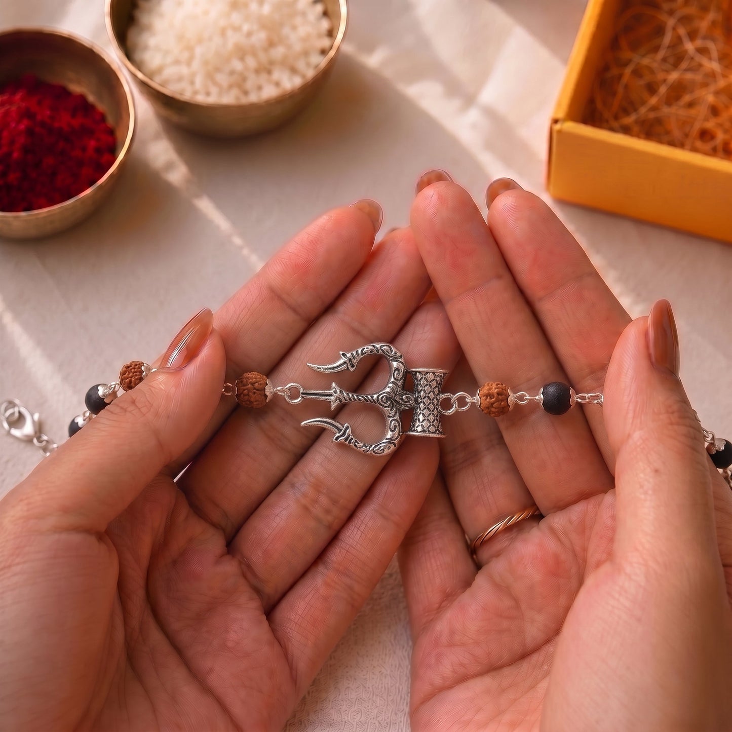 Trishool Karungali Rudraksha Rakhi - Silver Plated