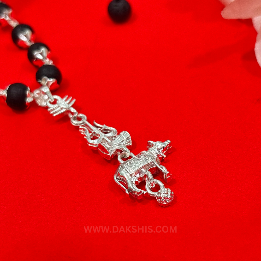 Shiv Trishul Nandi Pendant & Karungali Silver Cap Malai ( Varanasi Locket )