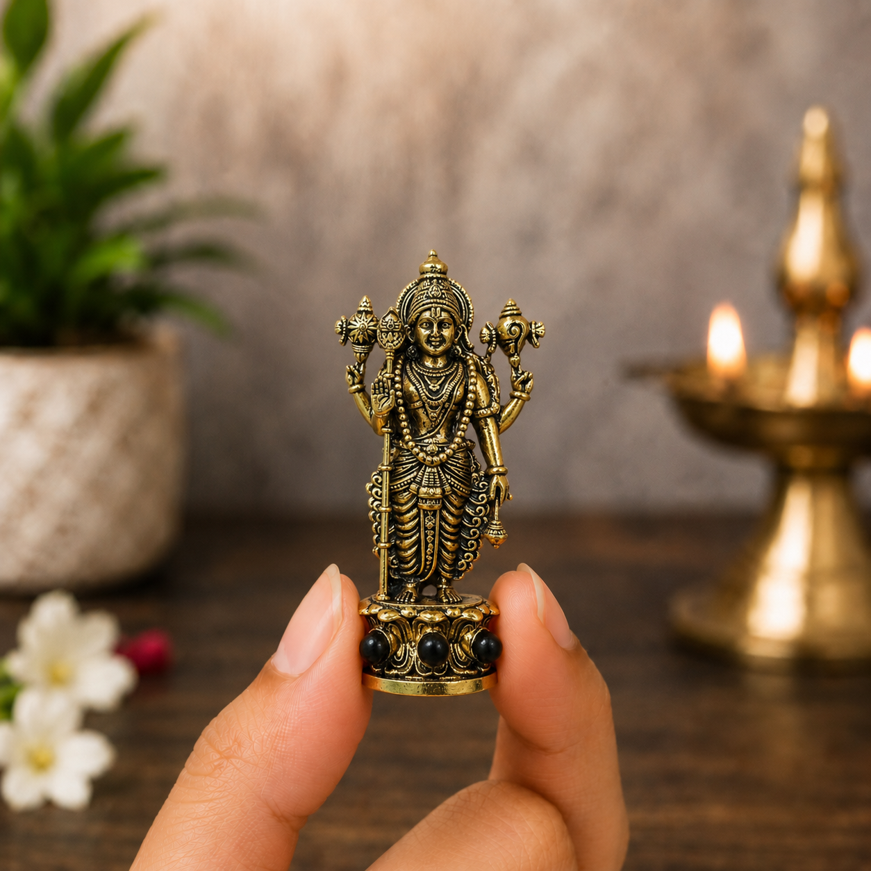 Divine Murugan With Karungali Beads Murti - Gold Plated