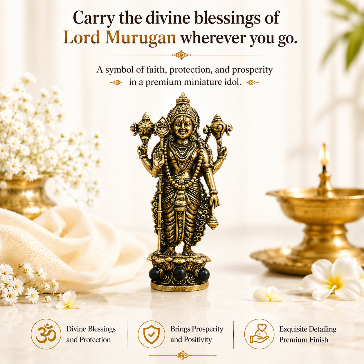 Divine Murugan With Karungali Beads Murti - Gold Plated