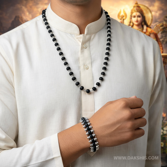 Silver Plated Karungali Mala + Bracelet Combo