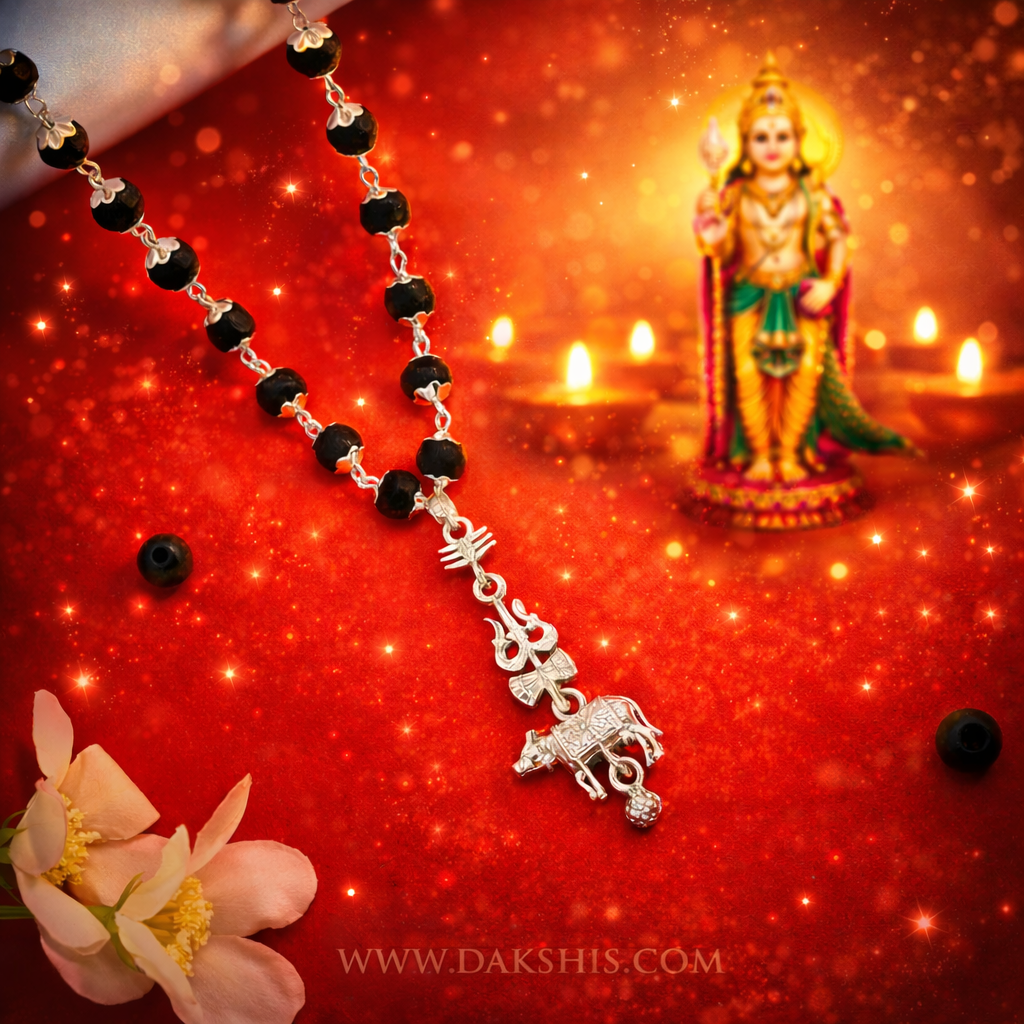Shiv Trishul Nandi Pendant & Karungali Silver Cap Malai ( Varanasi Locket )