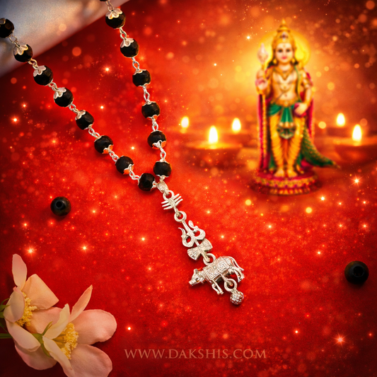 Shiv Trishul Nandi Pendant & Karungali Silver Cap Malai ( Varanasi Locket )