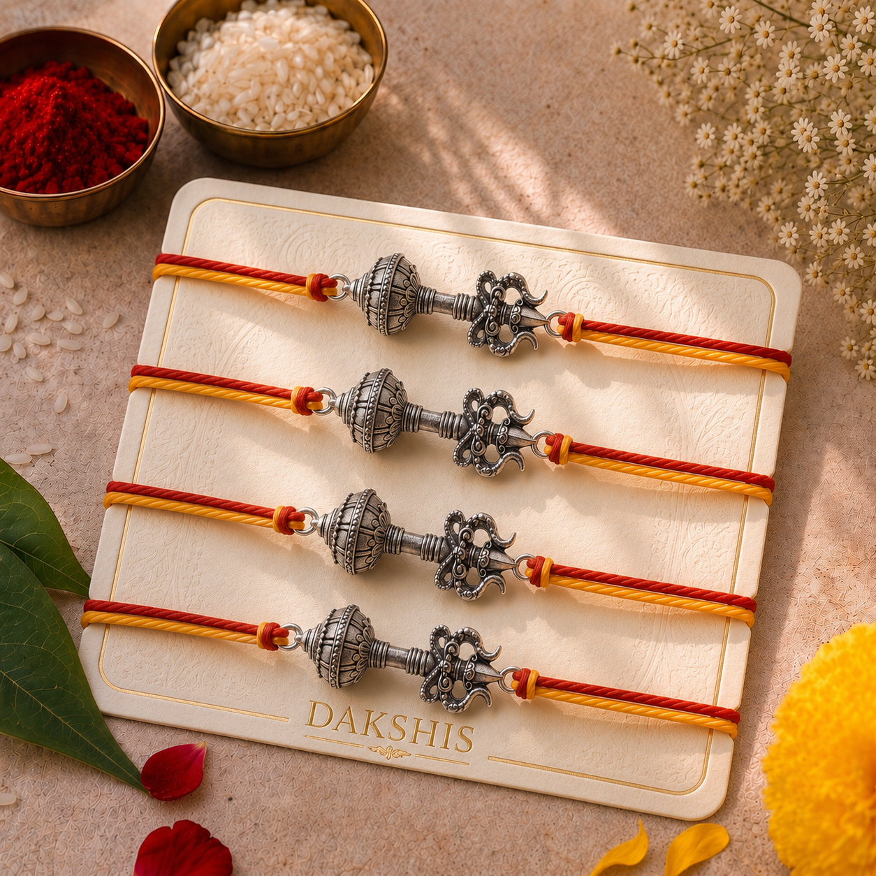Trishool Gada Raksha Rakhi - Silver Plated