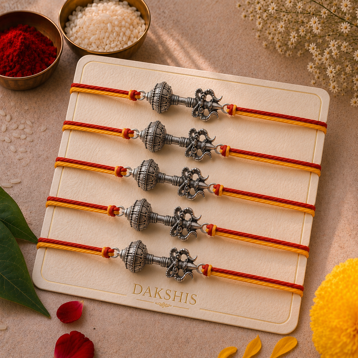 Trishool Gada Raksha Rakhi - Silver Plated
