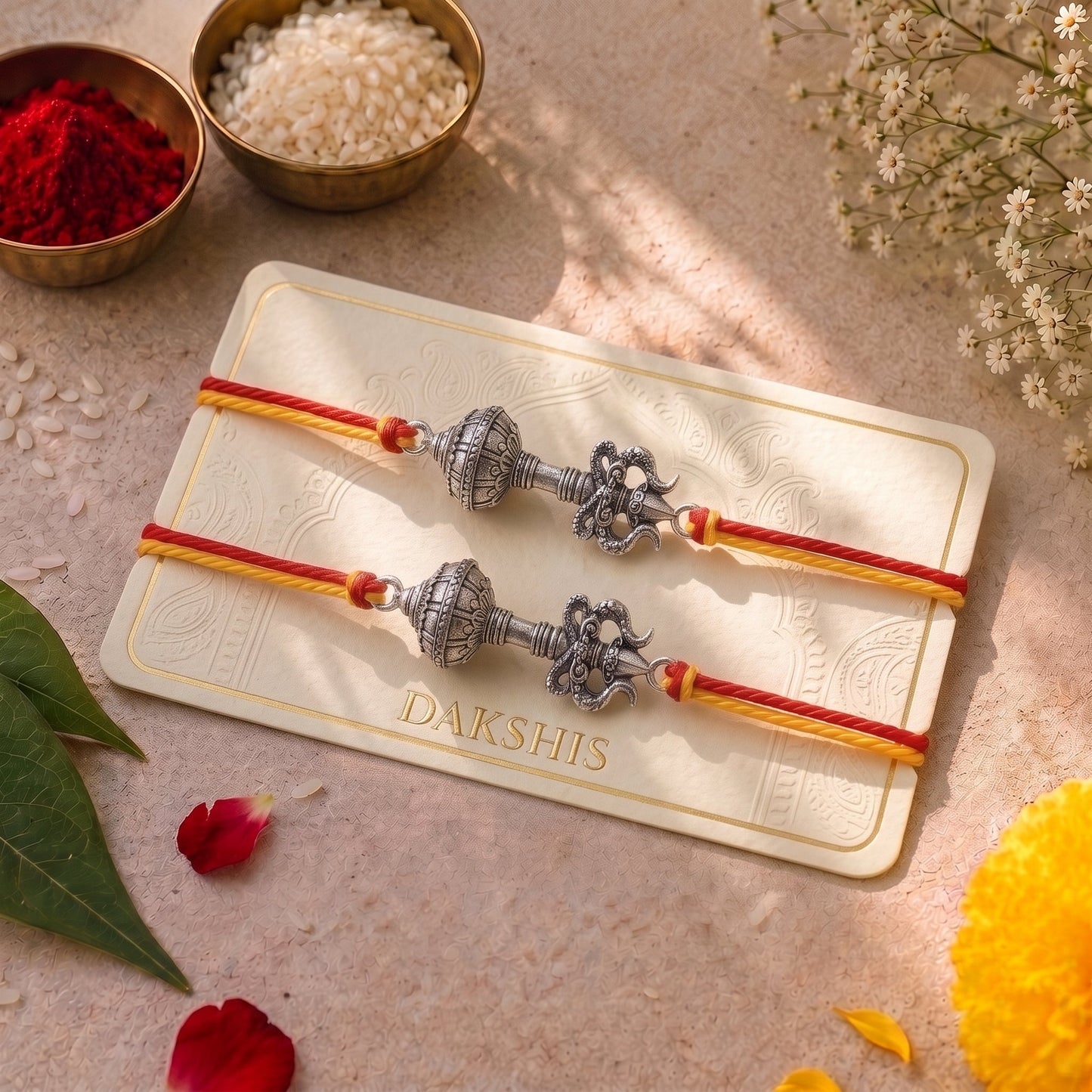 Trishool Gada Raksha Rakhi - Silver Plated