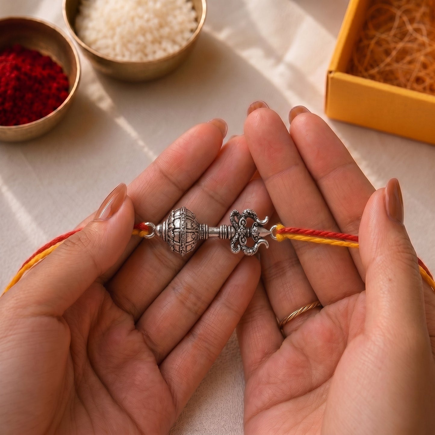 Trishool Gada Raksha Rakhi - Silver Plated