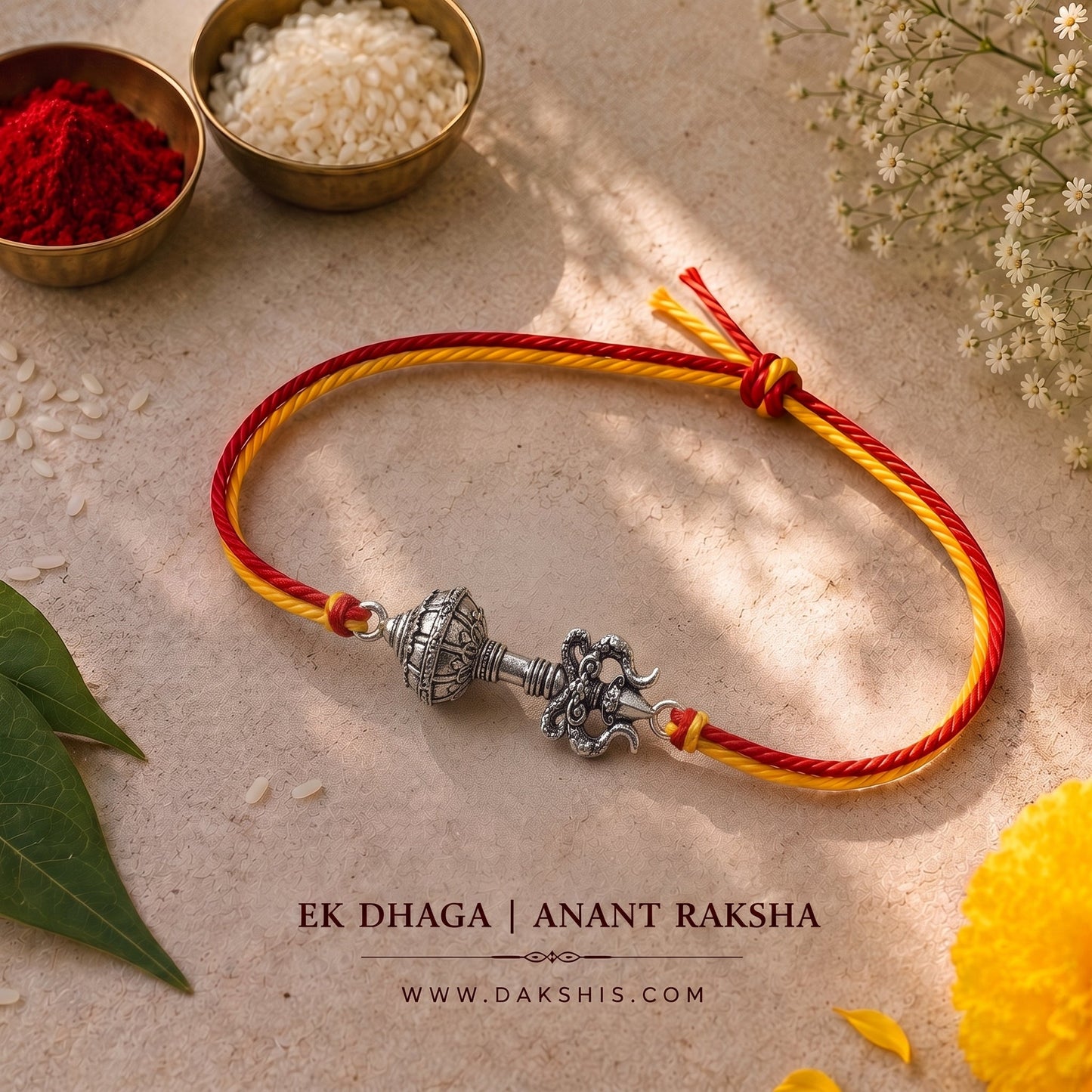 Trishool Gada Raksha Rakhi - Silver Plated